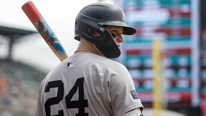 Aug 17, 2024; Detroit, Michigan, USA; New York Yankees outfielder Alex Verdugo (24) waits for his turn at bat with his custom painted bat in the second inning against the Detroit Tigers at Comerica Park. Mandatory Credit: David Reginek-Imagn Images