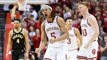 Feb 23, 2025; Bloomington, Indiana, USA; Indiana Hoosiers forward Malik Reneau (5) and Indiana Hoosiers forward Luke Goode (10) celebrate after a play during the second half against the Purdue Boilermakers at Simon Skjodt Assembly Hall. Mandatory Credit: Robert Goddin-Imagn Images