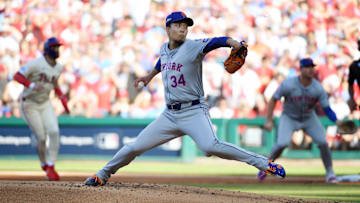 Oct 5, 2024; Philadelphia, PA, USA;  New York Mets pitcher Kodai Senga (34) throws a pitch against the Philadelphia Phillies in the first inning in game one of the NLDS for the 2024 MLB Playoffs at Citizens Bank Park. Mandatory Credit: Eric Hartline-Imagn Images