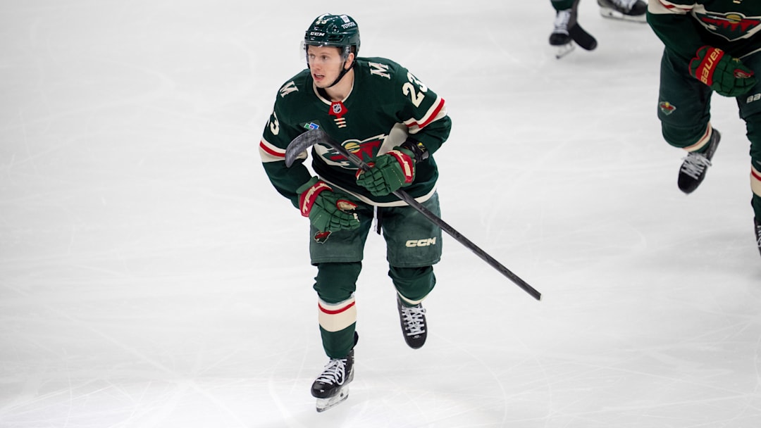 Apr 24, 2025; Saint Paul, Minnesota, USA; Minnesota Wild center Marco Rossi (23) leads the team to the bench after scoring against the Vegas Golden Knights in the first period in game three of the first round of the 2025 Stanley Cup Playoffs at Xcel Energy Center. Mandatory Credit: Matt Blewett-Imagn Images