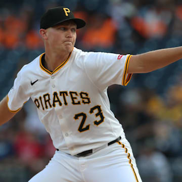 Jul 22, 2025; Pittsburgh, Pennsylvania, USA;  Pittsburgh Pirates starting pitcher Mitch Keller (23) delivers a pitch against the Detroit Tigers during the first inning at PNC Park. Mandatory Credit: Charles LeClaire-Imagn Images