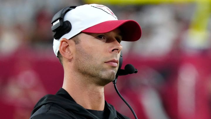 Cardinals head coach Jonathan Gannon watches his team during a game against the Saints at State Farm Stadium in Glendale, Ariz., on Saturday, Aug. 10, 2024.