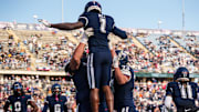 Nov 1, 2025; East Hartford, Connecticut, USA; UConn Huskies wide receiver Skyler Bell (1) celebrates after his touchdown against the UAB Blazers in the first quarter at Pratt & Whitney Stadium at Rentschler Field. Mandatory Credit: David Butler II-Imagn Images