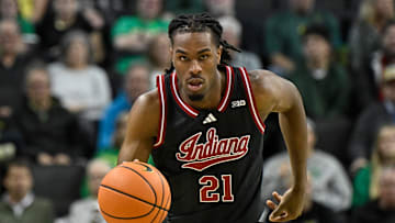 Indiana forward Mackenzie Mgbako dribbles the ball.