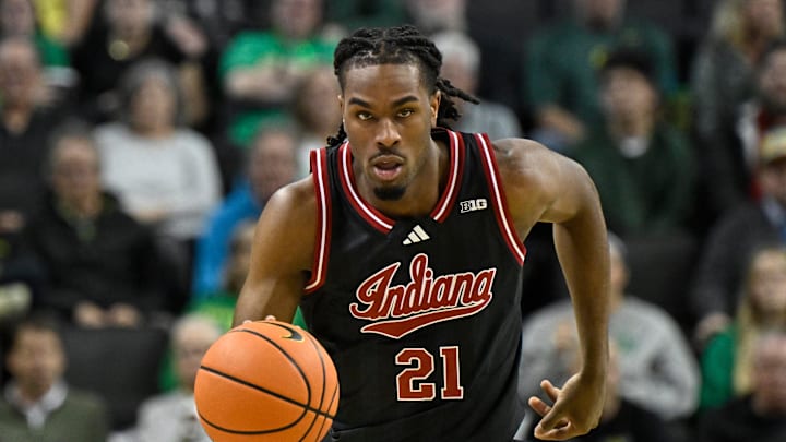 Indiana forward Mackenzie Mgbako dribbles the ball.