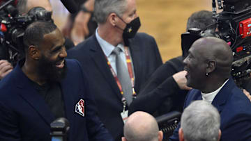 Feb 20, 2022; Cleveland, Ohio, USA; Lebron James and Michael Jordan on court during halftime during the 2022 NBA All-Star Game at Rocket Mortgage FieldHouse. Mandatory Credit: David Richard-Imagn Images
