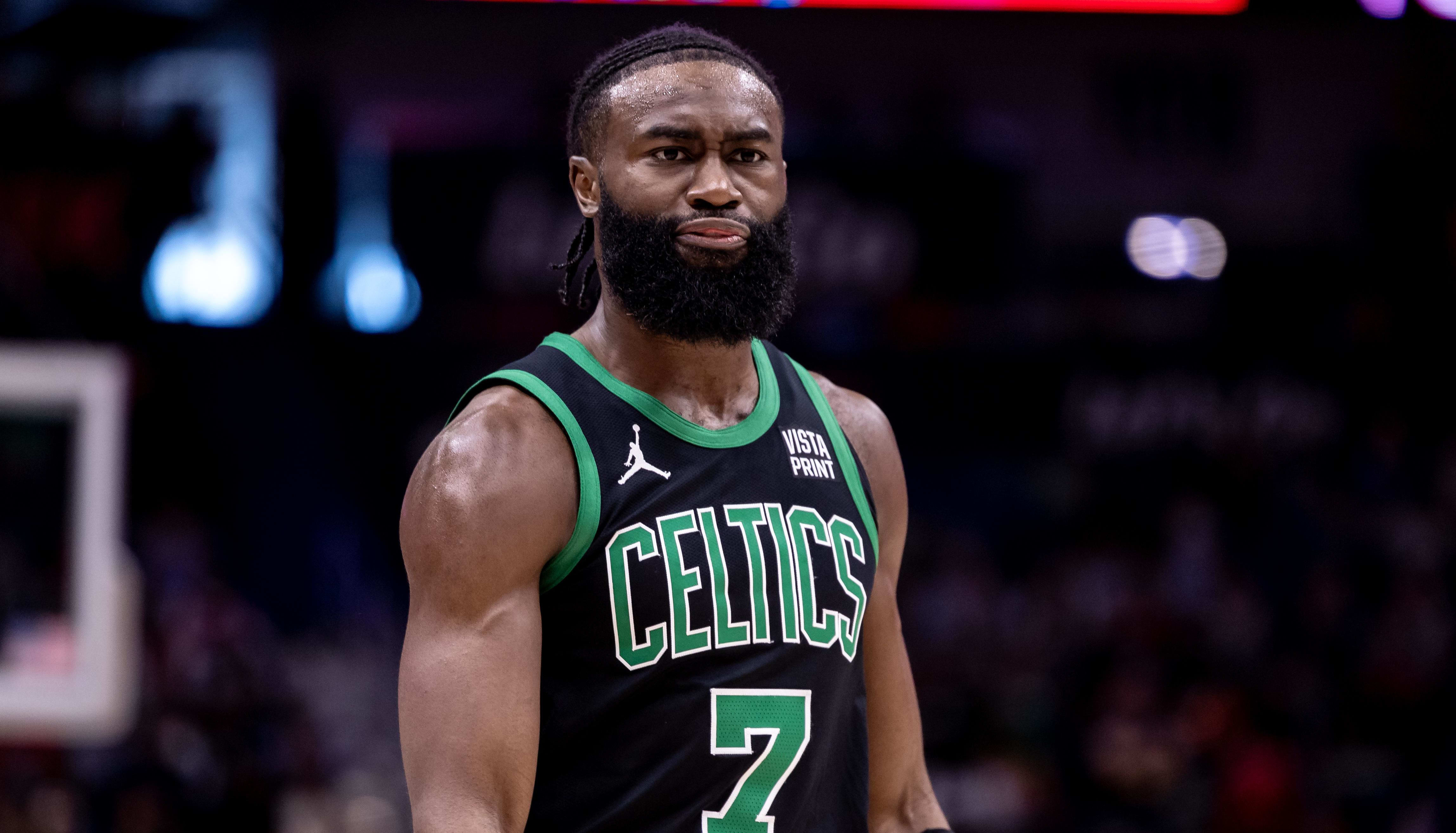 Mar 30, 2024; New Orleans, Louisiana, USA;  Boston Celtics guard Jaylen Brown (7) has a few words during their game against the New Orleans Pelicans.