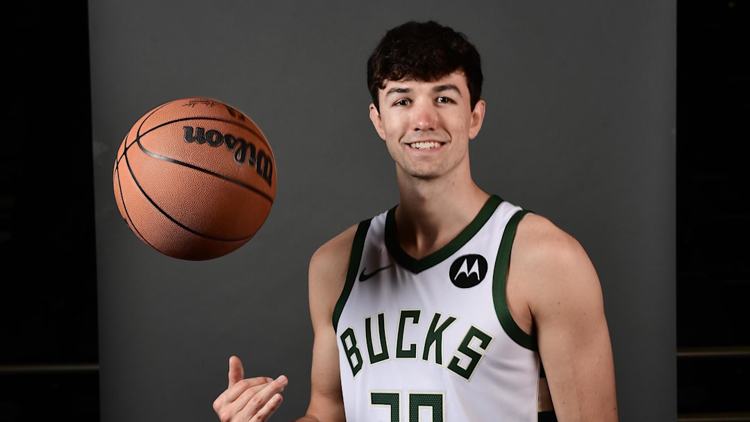 Sep 29, 2025; Milwaukee, WI, USA; Milwaukee Bucks guard Cormac Ryan (30) poses for a picture during Milwaukee Bucks Media Day at the Fiserv Forum.  Mandatory Credit: Benny Sieu-Imagn Images