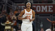 Jan 25, 2025; Austin, Texas, USA; Texas Longhorns guard Tre Johnson (20) reacts after scoring a three point basket during the second half against the Texas A&M Aggies at Moody Center. Mandatory Credit: Scott Wachter-Imagn Images