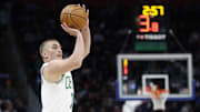 Payton Pritchard shoots during the Celtics' 117–97 loss to the Pistons on Feb. 26, 2025.