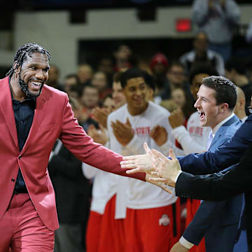 Mar 10, 2019; Columbus, OH, USA; Ohio State Buckeyes former forward Greg Oden honored during senior day before the game against the Wisconsin Badgers at Value City Arena. Mandatory Credit: Joe Maiorana-Imagn Images