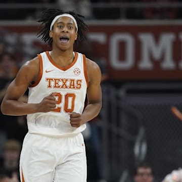 Jan 25, 2025; Austin, Texas, USA; Texas Longhorns guard Tre Johnson (20) reacts after scoring a three point basket during the second half against the Texas A&M Aggies at Moody Center. Mandatory Credit: Scott Wachter-Imagn Images