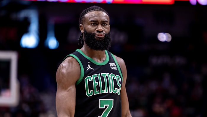 Mar 30, 2024; New Orleans, Louisiana, USA;  Boston Celtics guard Jaylen Brown (7) has a few words