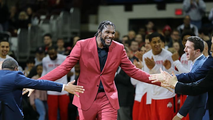 Mar 10, 2019; Columbus, OH, USA; Ohio State Buckeyes former forward Greg Oden honored during senior day before the game against the Wisconsin Badgers at Value City Arena. Mandatory Credit: Joe Maiorana-Imagn Images