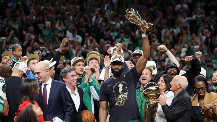 Jun 17, 2024; Boston, Massachusetts, USA; Boston Celtics guard Jaylen Brown (7) holds the MVP trophy after winning the 2024 NBA Finals against the Dallas Mavericks at TD Garden. Mandatory Credit: Peter Casey-USA TODAY Sports Jun 17, 2024; Boston, Massachusetts, USA; Boston Celtics guard Jaylen Brown (7) holds the MVP trophy after winning the 2024 NBA Finals against the Dallas Mavericks at TD Garden. Mandatory Credit: Peter Casey-USA TODAY Sports