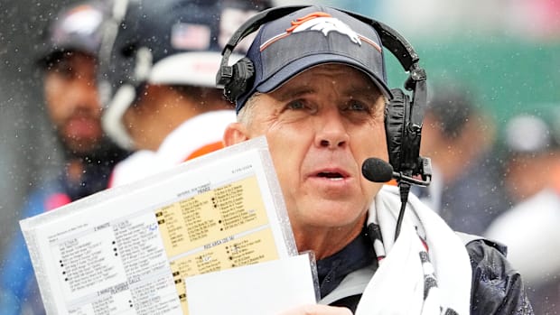Denver Broncos head coach Sean Payton looks on from the sidelines during the game against the New York Jets.