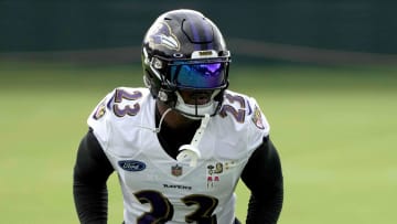 Jul 29, 2022; Owings Mills, MD, USA; Baltimore Ravens safety Tony Jefferson (23) practices drills at the Under Armour Performance Center. Mandatory Credit: Mitch Stringer-USA TODAY Sports