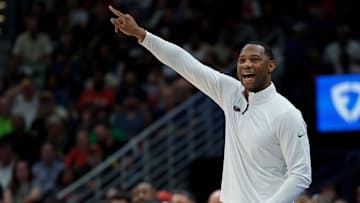 Oct 27, 2025; New Orleans, Louisiana, USA; New Orleans Pelicans head coach Willie Green reacts during the first half against the Boston Celtics at Smoothie King Center. Mandatory Credit: Matthew Hinton-Imagn Images