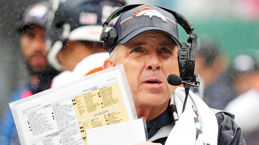 Sep 29, 2024; East Rutherford, New Jersey, USA; Denver Broncos head coach Sean Payton looks on from the sidelines during the game against the New York Jets at MetLife Stadium. Mandatory Credit: Robert Deutsch-Imagn Images Sep 29, 2024; East Rutherford, New Jersey, USA; Denver Broncos head coach Sean Payton looks on from the sidelines during the game against the New York Jets at MetLife Stadium. Mandatory Credit: Robert Deutsch-Imagn Images