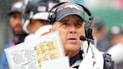 Sep 29, 2024; East Rutherford, New Jersey, USA;  Denver Broncos head coach Sean Payton looks on from the sidelines during the game against the New York Jets at MetLife Stadium. Mandatory Credit: Robert Deutsch-Imagn Images