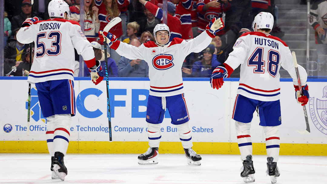 Jan 31, 2026; Buffalo, New York, USA;  Montréal Canadiens right wing Cole Caufield (13) reacts after scoring a goal during the third period against the Buffalo Sabres at KeyBank Center. Mandatory Credit: Timothy T. Ludwig-Imagn Images
