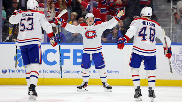Jan 31, 2026; Buffalo, New York, USA;  Montréal Canadiens right wing Cole Caufield (13) reacts after scoring a goal during the third period against the Buffalo Sabres at KeyBank Center. Mandatory Credit: Timothy T. Ludwig-Imagn Images