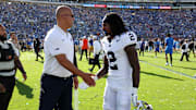 Penn State Nittany Lions head coach James Franklin greets cornerback Audavion Collins (2) after defeated by UCLA Bruins 42-37 at Rose Bowl. Credit: Kiyoshi Mio-Imagn Images
