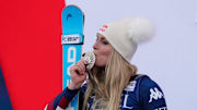 Mar 23, 2025; Sun Valley, ID, USA; Lindsey Vonn of the United States celebrates on the podium after her second place finish in the Super G alpine skiing race in the 2025 FIS Ski World Cup at Sun Valley. Mandatory Credit: Christopher Creveling-Imagn Images