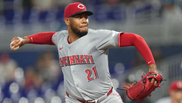 Aug 8, 2024; Miami, Florida, USA;  Cincinnati Reds starting pitcher Hunter Greene (21) throws against the Miami Marlins in the first inning at loanDepot Park. Mandatory Credit: Jim Rassol-USA TODAY Sports