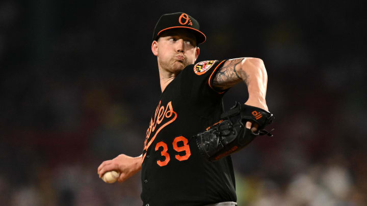 Sep 8, 2023; Boston, Massachusetts, USA; Baltimore Orioles starting pitcher Kyle Bradish (39) pitches against the Boston Red Sox during the first inning at Fenway Park.