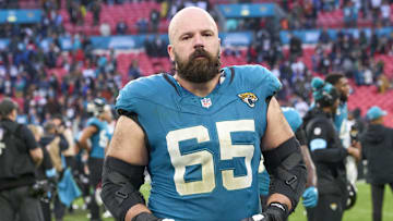 Oct 20, 2024; London, United Kingdom; Jacksonville Jaguars center Mitch Morse (65) leaves the field after the game against the New England Patriots  during an NFL International Series game at Wembley Stadium. Mandatory Credit: Peter van den Berg-Imagn Images