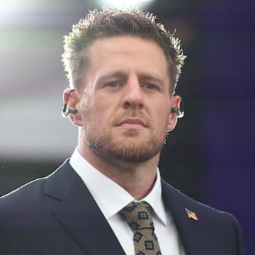 Feb 11, 2024; Paradise, Nevada, USA; CBS analyst J.J. Watt on the field before Super Bowl LVIII between the Kansas City Chiefs and the San Francisco 49ers at Allegiant Stadium. Mandatory Credit: Mark J. Rebilas-Imagn Images