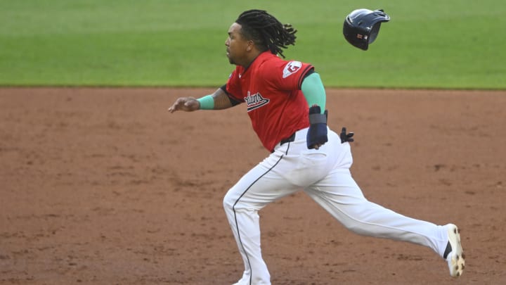 Aug 13, 2024; Cleveland, Ohio, USA; Cleveland Guardians third baseman Jose Ramirez (11) runs the bases in the third inning against the Chicago Cubs at Progressive Field. Mandatory Credit: David Richard-USA TODAY Sports