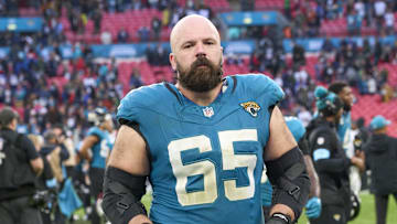 Oct 20, 2024; London, United Kingdom; Jacksonville Jaguars center Mitch Morse (65) leaves the field after an NFL International Series game at Wembley Stadium. 