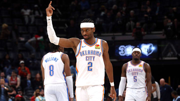 Mar 5, 2025; Memphis, Tennessee, USA; Oklahoma City Thunder guard Shai Gilgeous-Alexander (2) reacts during the fourth quarter against the Memphis Grizzlies at FedExForum. Mandatory Credit: Petre Thomas-Imagn Images