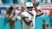 Sep 8, 2024; Miami Gardens, Florida, USA;  Miami Dolphins quarterback Tua Tagovailoa (1) drops back to pass against the Jacksonville Jaguars in the first quarter at Hard Rock Stadium. Mandatory Credit: Jim Rassol-Imagn Images