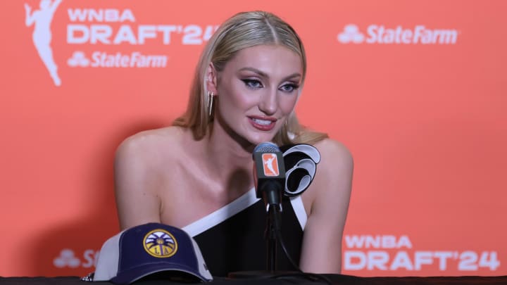 Cameron Brink speaks in a press conference after the 2024 WNBA draft.