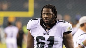 Aug 12, 2021; Philadelphia, Pennsylvania, USA; Philadelphia Eagles defensive tackle Raequan Williams (61) after action against the Pittsburgh Steelers at Lincoln Financial Field. Mandatory Credit: Bill Streicher-Imagn Images