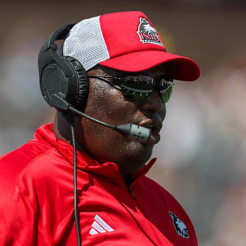 Sep 2, 2023; Chestnut Hill, Massachusetts, USA; Northern Illinois Huskies head coach Thomas Hammock reacts during the first half against the Boston College Eagles at Alumni Stadium.