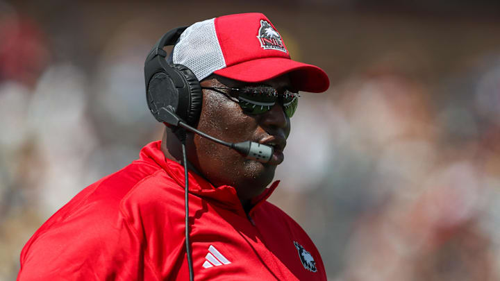 Sep 2, 2023; Chestnut Hill, Massachusetts, USA; Northern Illinois Huskies head coach Thomas Hammock reacts during the first half against the Boston College Eagles at Alumni Stadium.