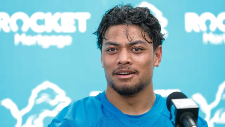 Detroit Lions running back Sione Vaki speaks to media members during rookie minicamp at Detroit Lions headquarters and practice facility in Allen Park.