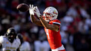 Oct 19, 2024; Tucson, Arizona, USA; Arizona Wildcats wide receiver Tetairoa McMillan (4) against the Colorado Buffalos at Arizona Stadium. Mandatory Credit: Mark J. Rebilas-Imagn Images