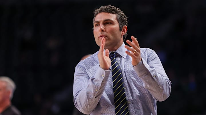 Feb 8, 2023; Atlanta, Georgia, USA; Georgia Tech Yellow Jackets head coach Josh Pastner on the sideline against the Notre Dame Fighting Irish in the first half at McCamish Pavilion. Mandatory Credit: Brett Davis-Imagn Images