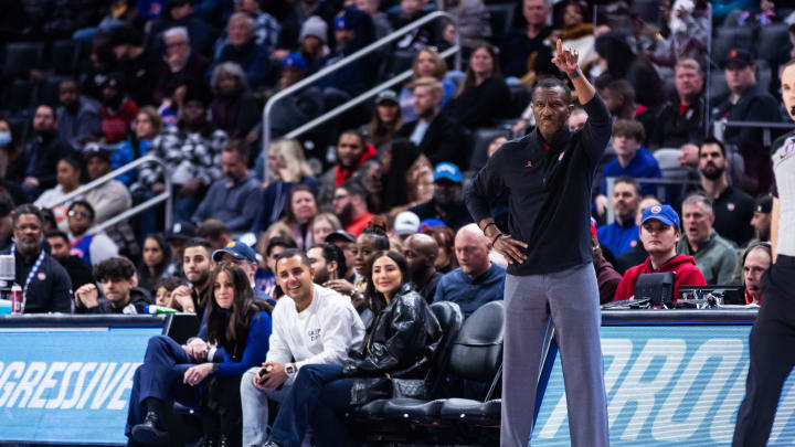 Jan 11, 2023; Detroit, Michigan, USA; Detroit Pistons head coach Dwane Casey calls to his team in the second half of a game against the Minnesota Timberwolves at Little Caesars Arena. Mandatory Credit: Allison Farrand-USA TODAY Sports