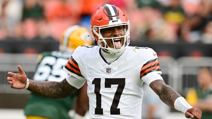 Aug 10, 2024; Cleveland, Ohio, USA; Cleveland Browns quarterback Dorian Thompson-Robinson (17) celebrates after throwing a touchdown pass during the second half against the Green Bay Packers at Cleveland Browns Stadium. The play was called back due to penalty. Mandatory Credit: Ken Blaze-USA TODAY Sports