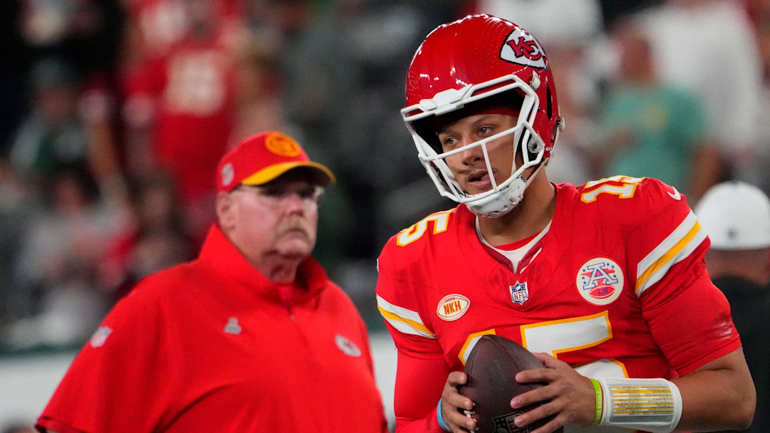 Oct 1, 2023; East Rutherford, New Jersey, USA; Kansas City Chiefs quarterback Patrick Mahomes (15) and Kansas City Chiefs head coach Andy Reid pre game against the Jets at MetLife Stadium. Mandatory Credit: Robert Deutsch-Imagn Images Oct 1, 2023; East Rutherford, New Jersey, USA; Kansas City Chiefs quarterback Patrick Mahomes (15) and Kansas City Chiefs head coach Andy Reid pre game against the Jets at MetLife Stadium. Mandatory Credit: Robert Deutsch-Imagn Images