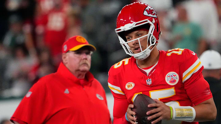 Oct 1, 2023; East Rutherford, New Jersey, USA; Kansas City Chiefs quarterback Patrick Mahomes (15) and Kansas City Chiefs head coach Andy Reid pre game against the Jets at MetLife Stadium. Mandatory Credit: Robert Deutsch-Imagn Images