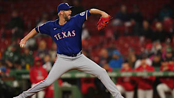 May 6, 2025; Boston, Massachusetts, USA; Texas Rangers pitcher Chris Martin (55) throws a pitch against the Boston Red Sox in the ninth inning at Fenway Park.