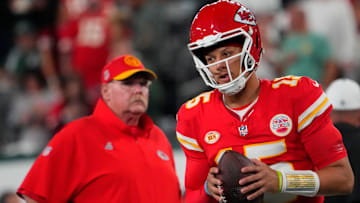 Oct 1, 2023; East Rutherford, New Jersey, USA; Kansas City Chiefs quarterback Patrick Mahomes (15) and Kansas City Chiefs head coach Andy Reid pre game against the Jets at MetLife Stadium. Mandatory Credit: Robert Deutsch-Imagn Images