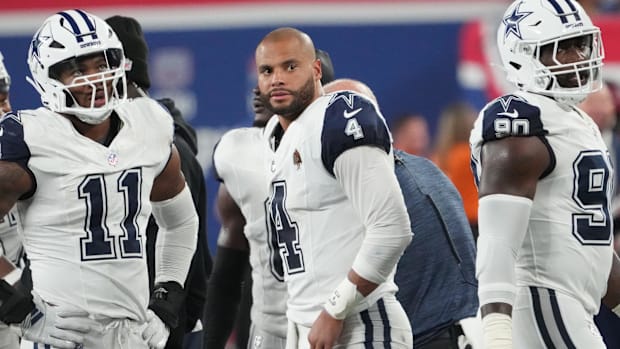 Dallas Cowboys edge Micah Parsons, quarterback Dak Prescott and edge DeMarcus Lawrenc